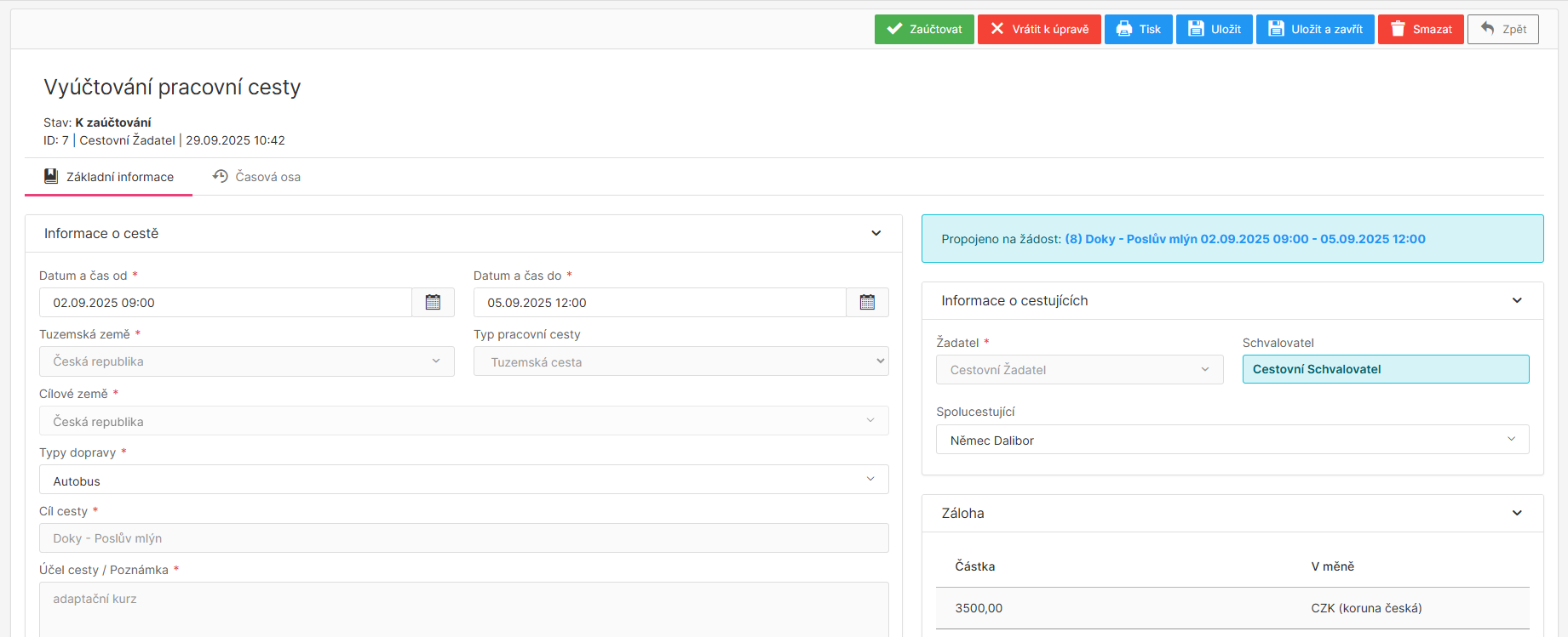 Vizuální podoba vyplněného cestovního příkazu