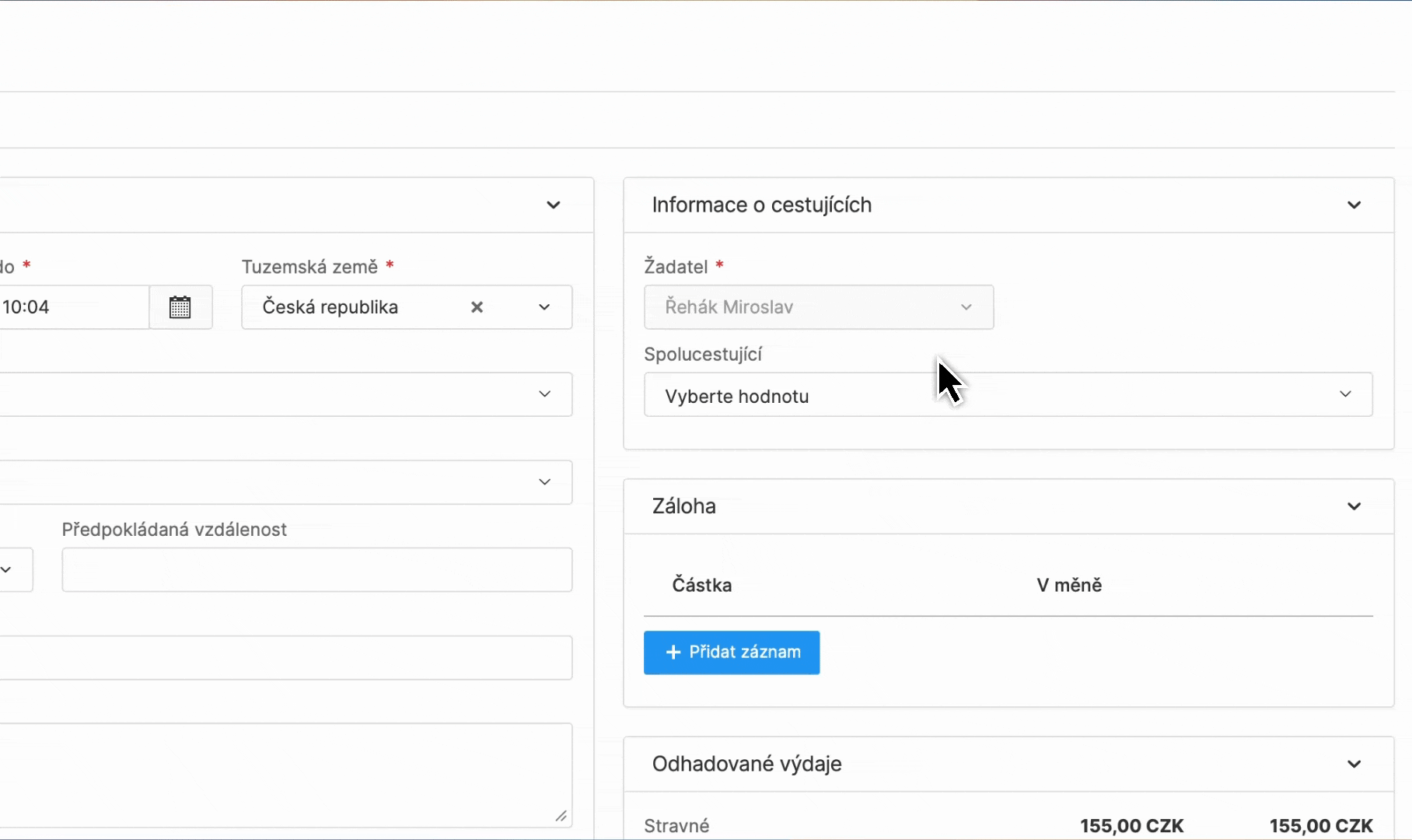 Přidání spolucestujícího
